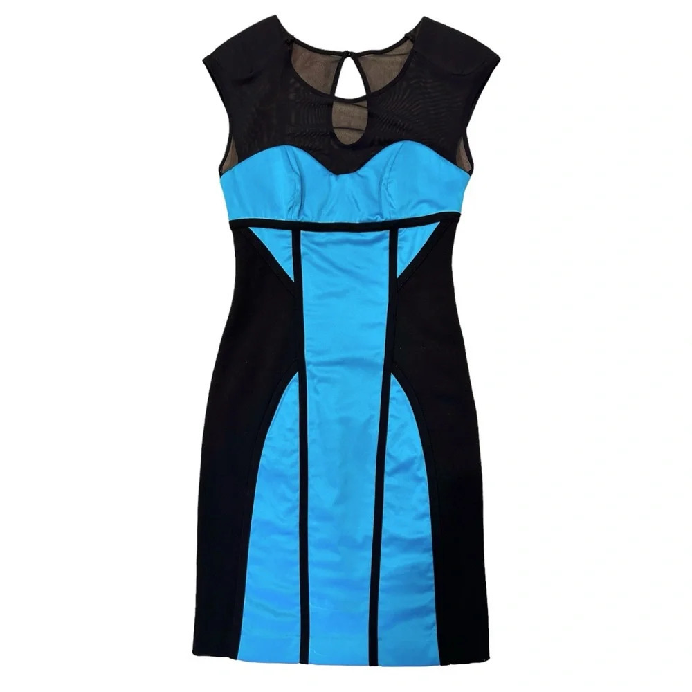 Bebe Melany Mesh Satin Stretch Turquoise Blue and Black Bodycon Pencil Dress XS - Picture 3 of 16